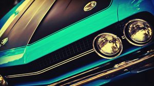 Превью обои challenger, classic car, muscle car, street rod, фары, передний бампер