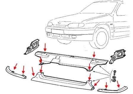 the scheme of fastening of the front bumper Lada (VAZ), 2113, 2114, 2115