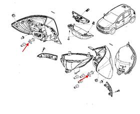 Схема крепления задних фонарей Renault/Dacia Sandero (Sandero Stepway) 2 (с 2012 года)