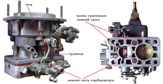 отсоединение нижней части карбюратора Озон