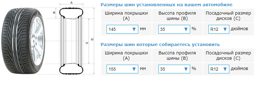 сравнение размеров шин на метрическом калькуляторе