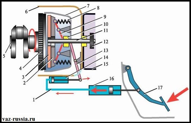 На данной схема изображён принцип работы сцепления в автомобилях классического семейства