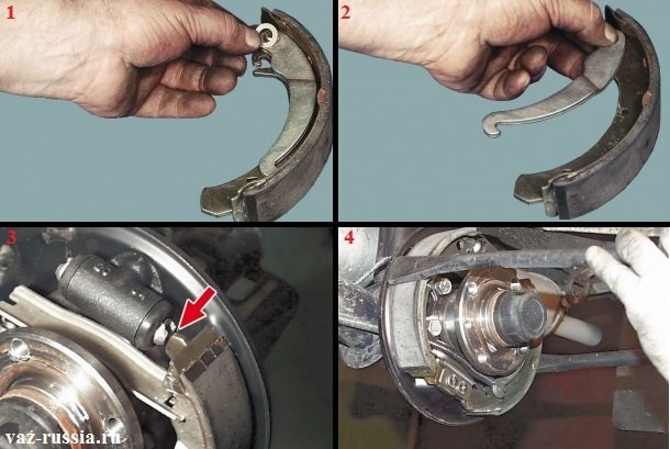 Снятие рычага привода стояночного тормоза и установка новых тормозных колодок на своё место