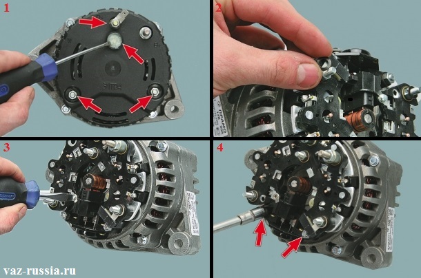 Снятие крышки генератора и выворачивание всех болтов которые регулятор крепят