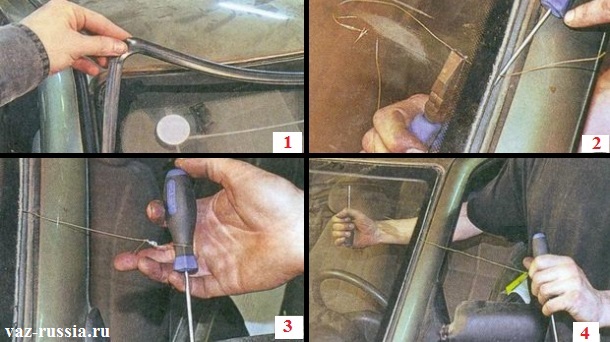 Снятие резинового уплотнителя и продевание стальной струны между стеклом и боковой стойкой